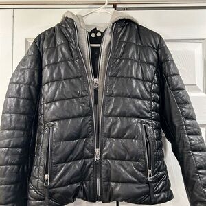 Mauritius Black Leather puffer Jacket with detachable inset & Hood sz M